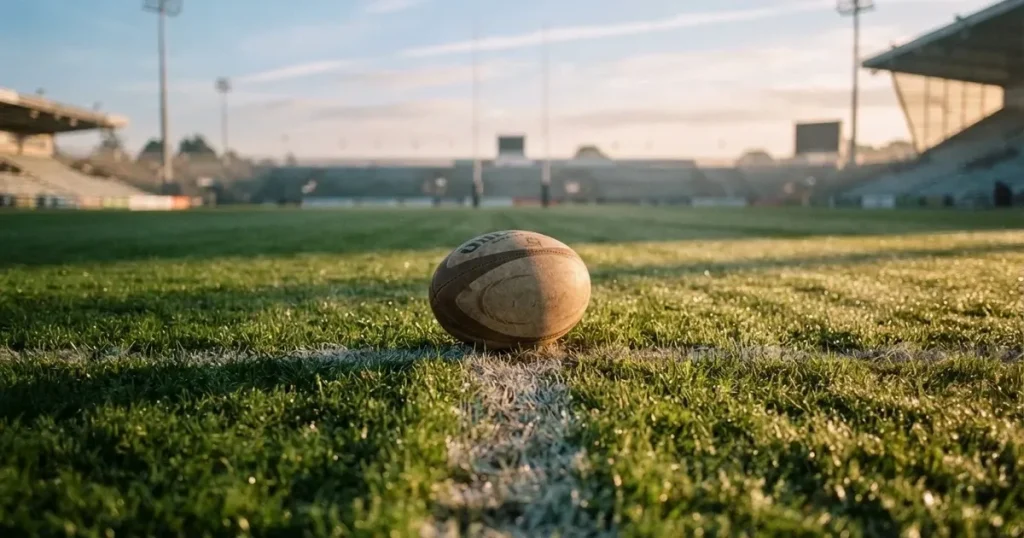 A ball on the centre spot of a grass pitch in morning light