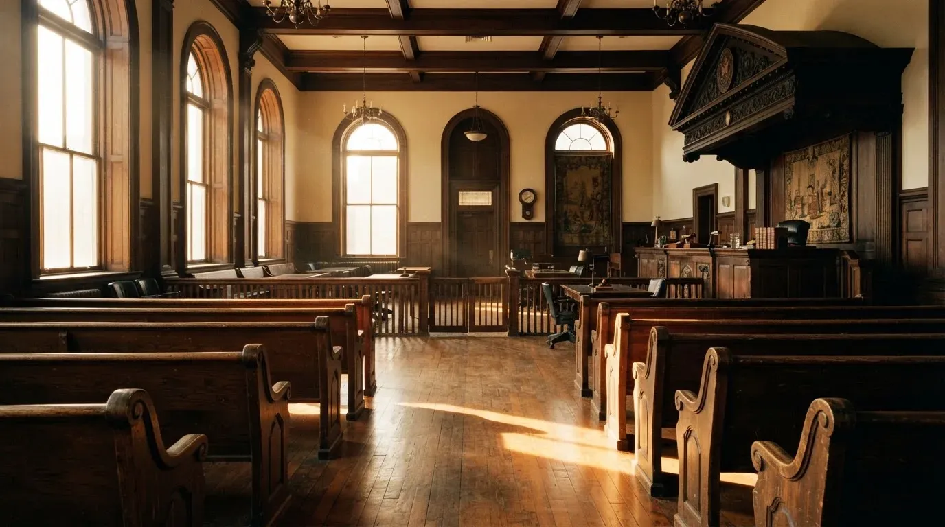 An empty courtroom with wooden benches in morning light