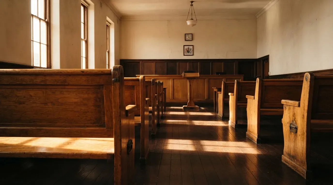 An empty courtroom with wooden benches in morning light