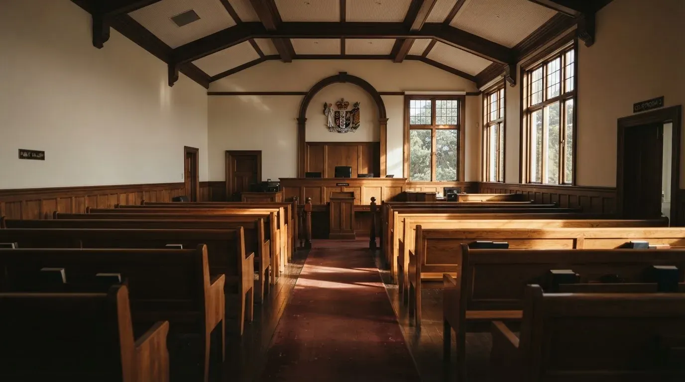 An empty courtroom with wooden benches in morning light