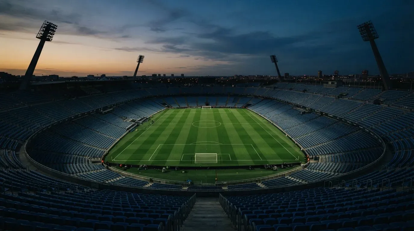 An empty football stadium with floodlight masts at dusk