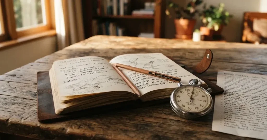 An open notebook with a pencil and a stopwatch on a wooden table
