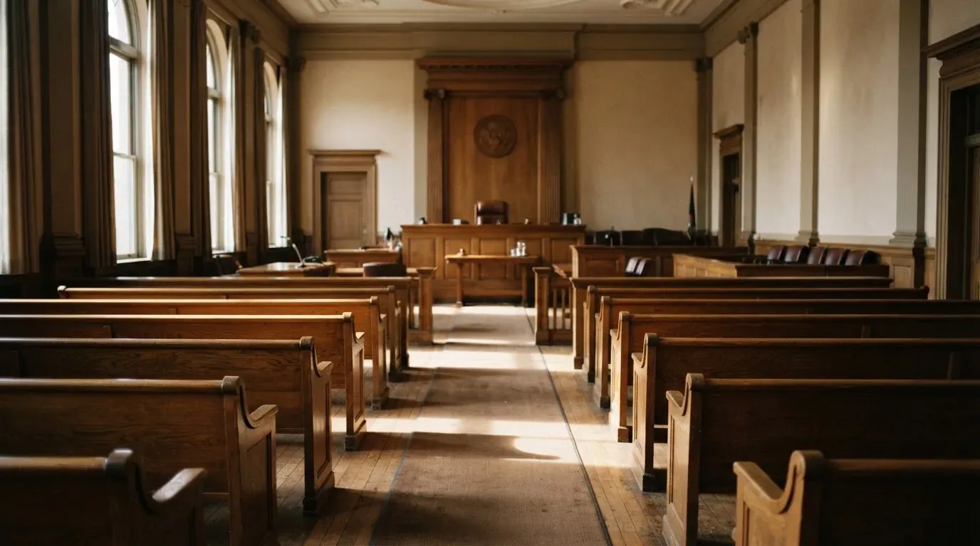An empty courtroom with wooden benches in morning light