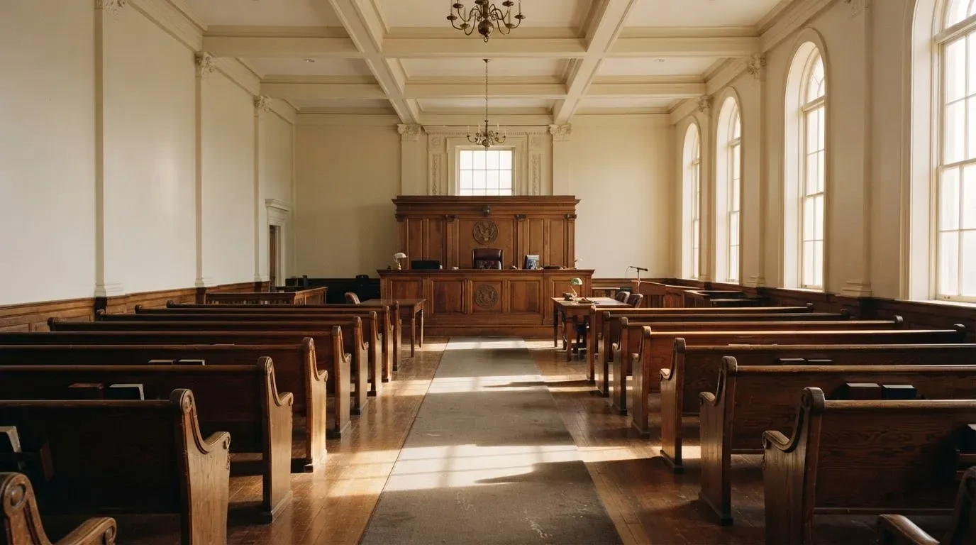 An empty courtroom with wooden benches in morning light