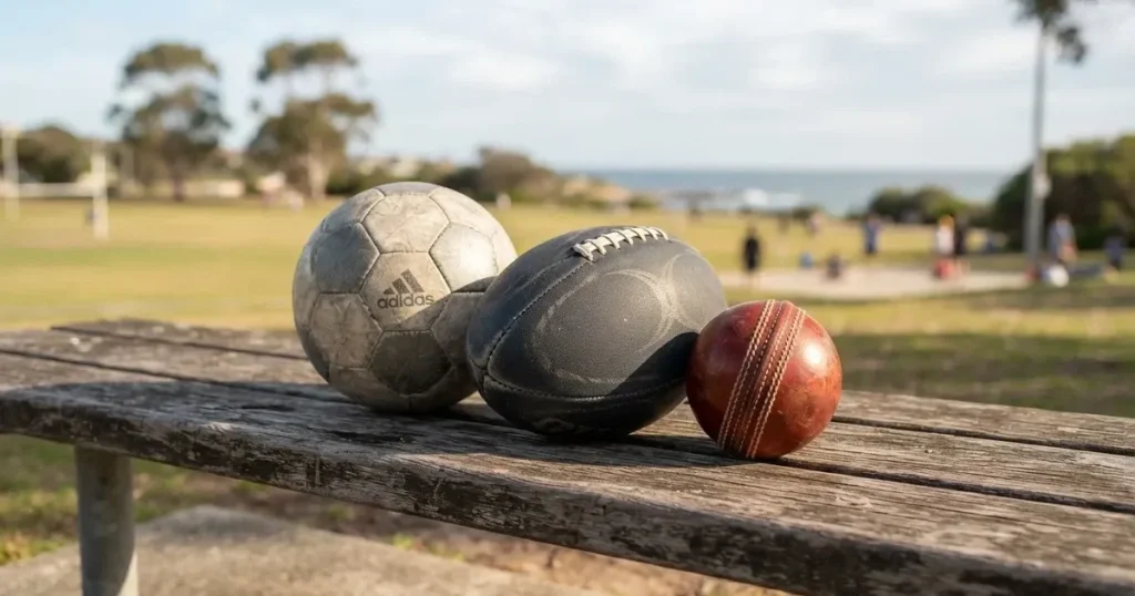 Three balls of different kinds side by side on a wooden bench