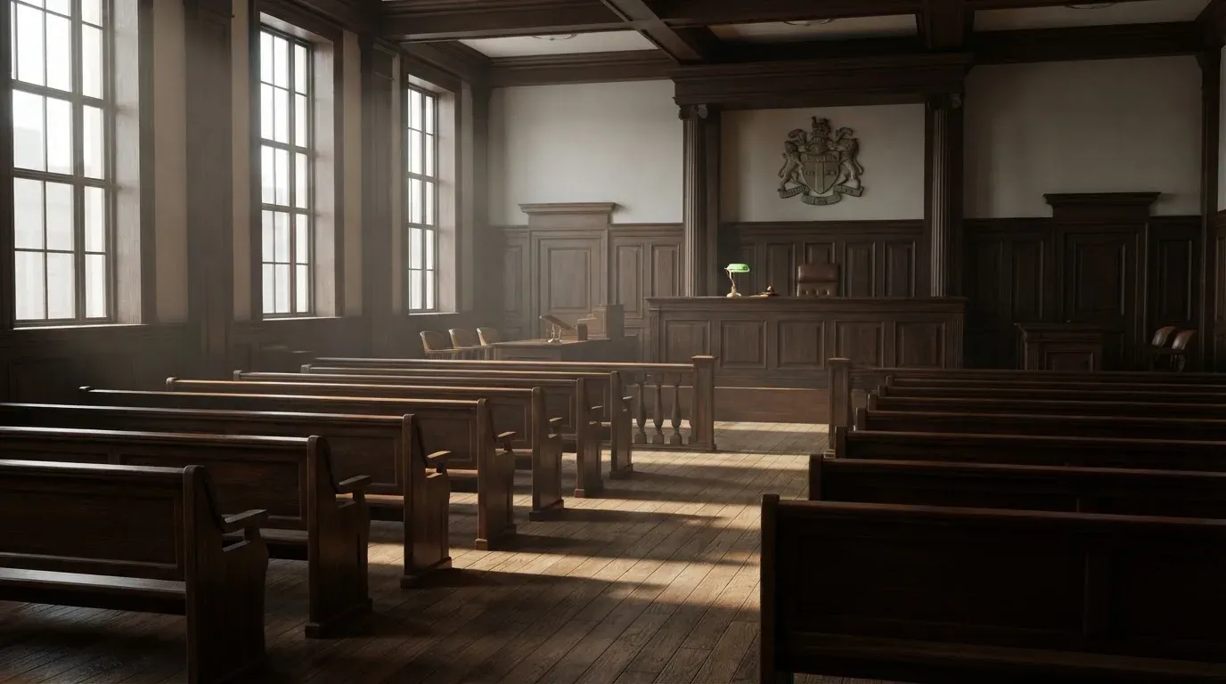 An empty courtroom with wooden benches in morning light