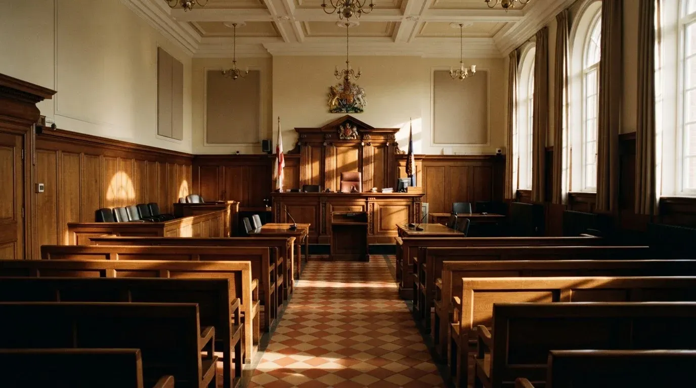 An empty courtroom with wooden benches in morning light
