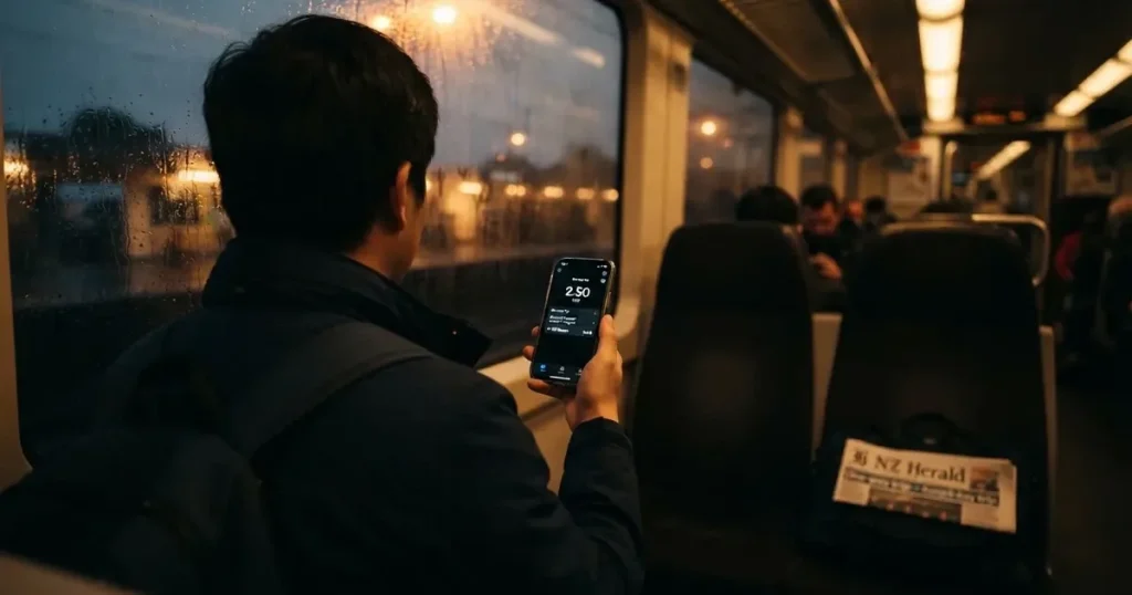 A hand holding a smartphone on a train in the evening, screen turned away
