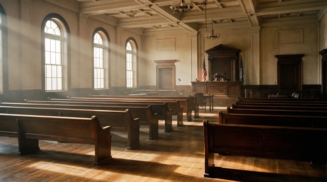 An empty courtroom with wooden benches in morning light