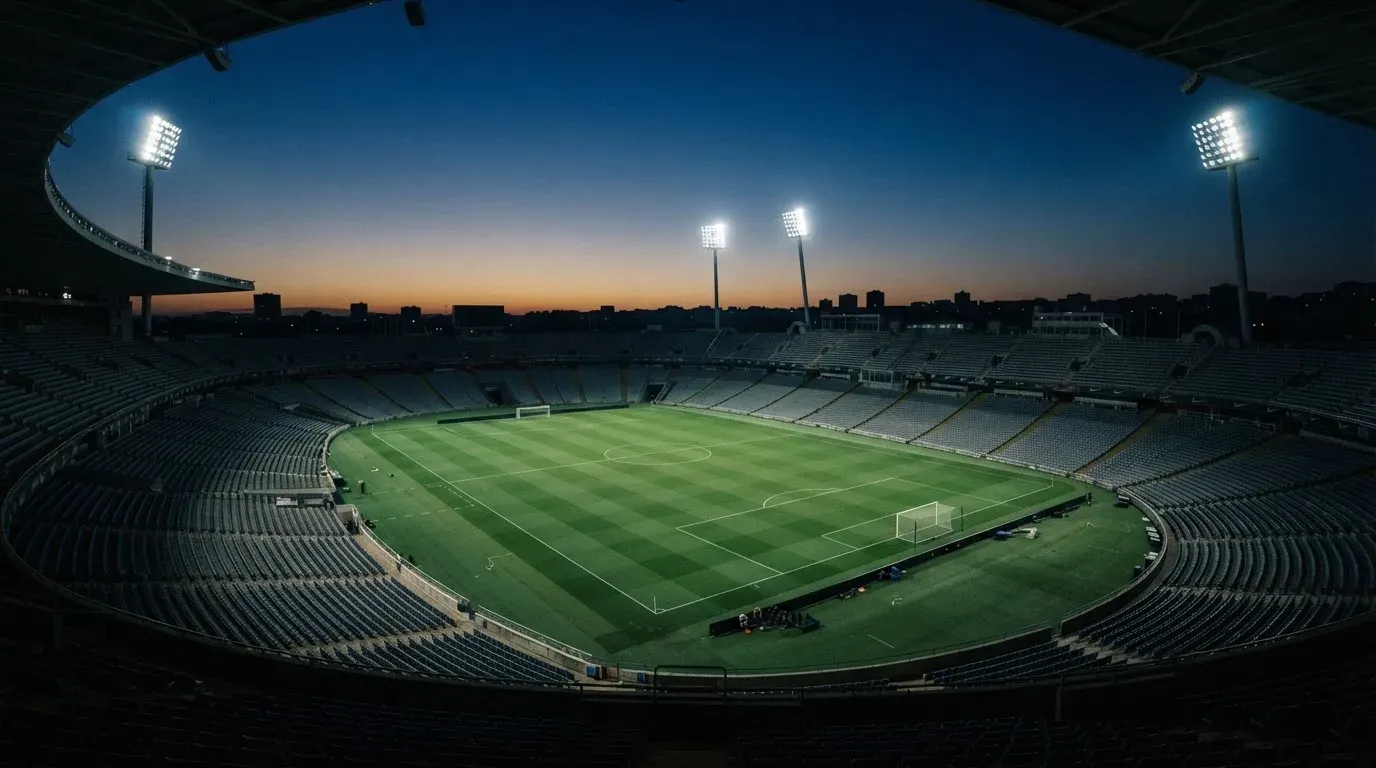 An empty football stadium with floodlight masts at dusk