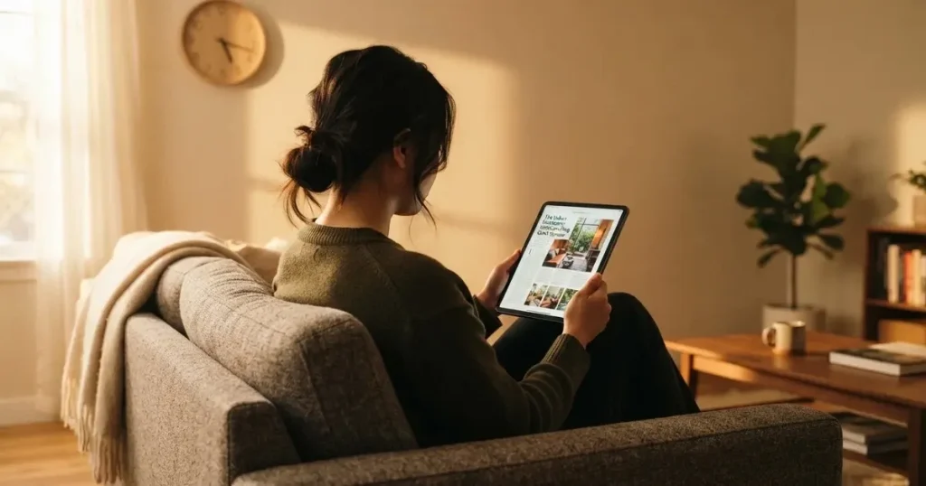 A person on a sofa looking thoughtfully at a tablet, a wall clock in the background