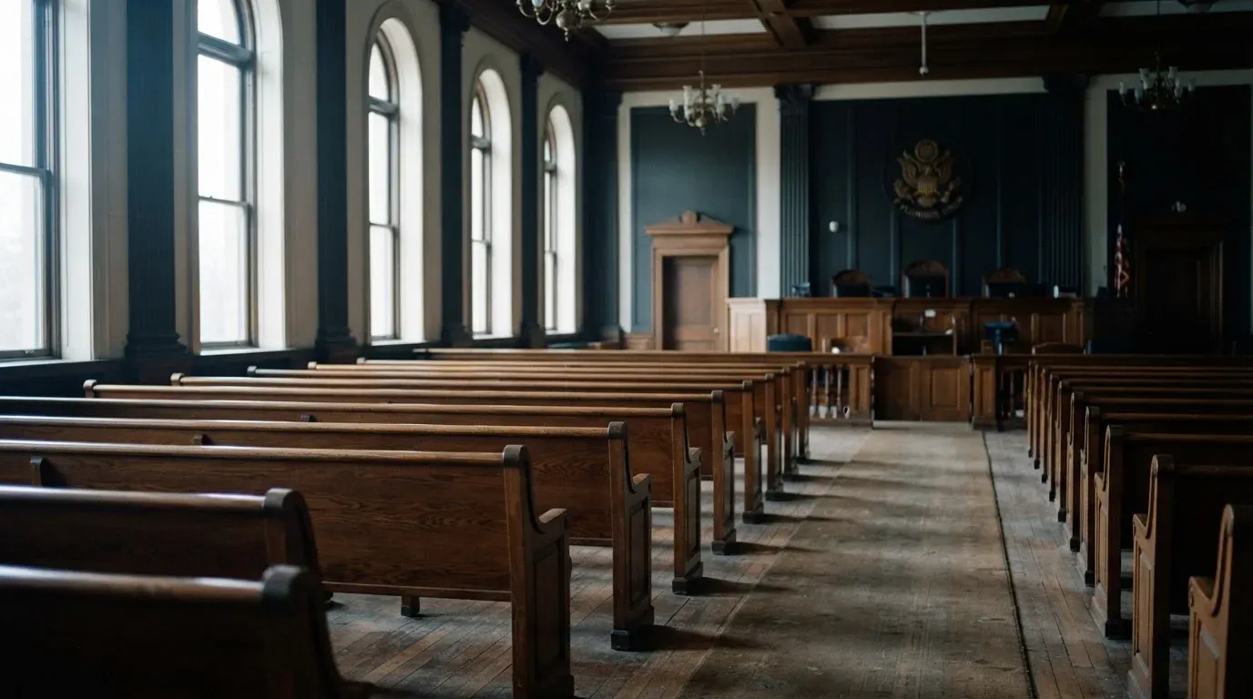 An empty courtroom with wooden benches in morning light
