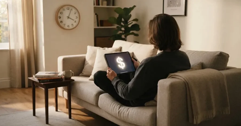 A person on a sofa looking thoughtfully at a tablet, a wall clock in the background