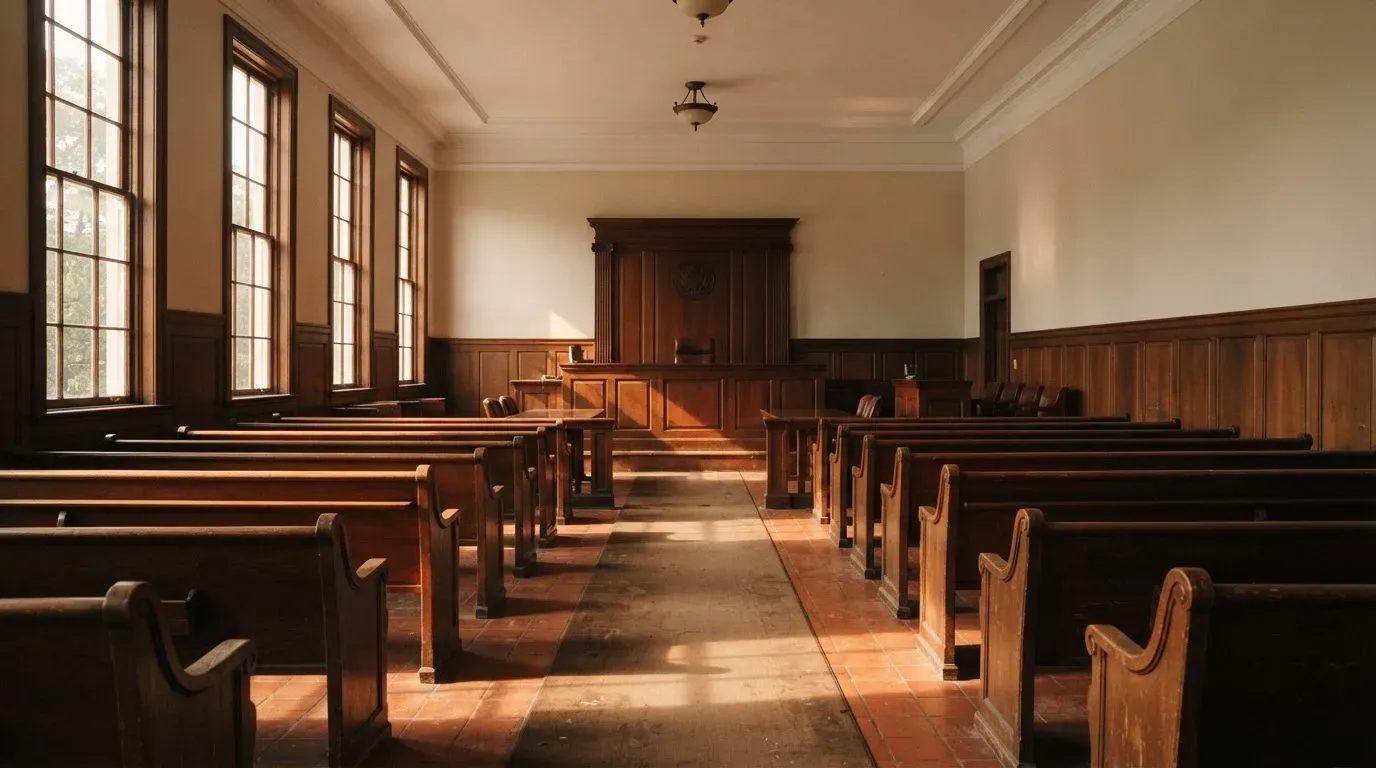 An empty courtroom with wooden benches in morning light