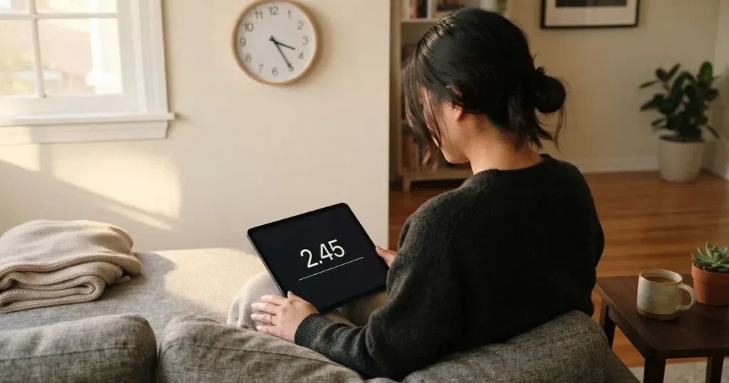 A person on a sofa looking thoughtfully at a tablet, a wall clock in the background