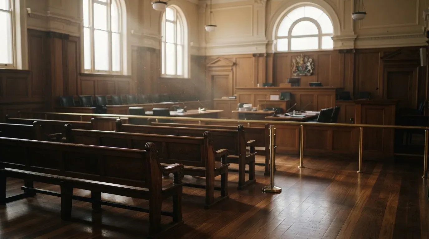An empty courtroom with wooden benches in morning light