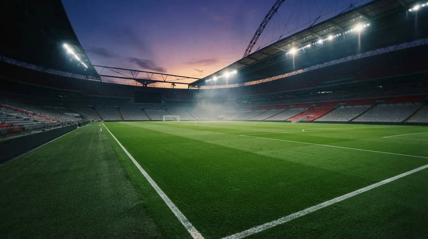 An empty football stadium with floodlight masts at dusk