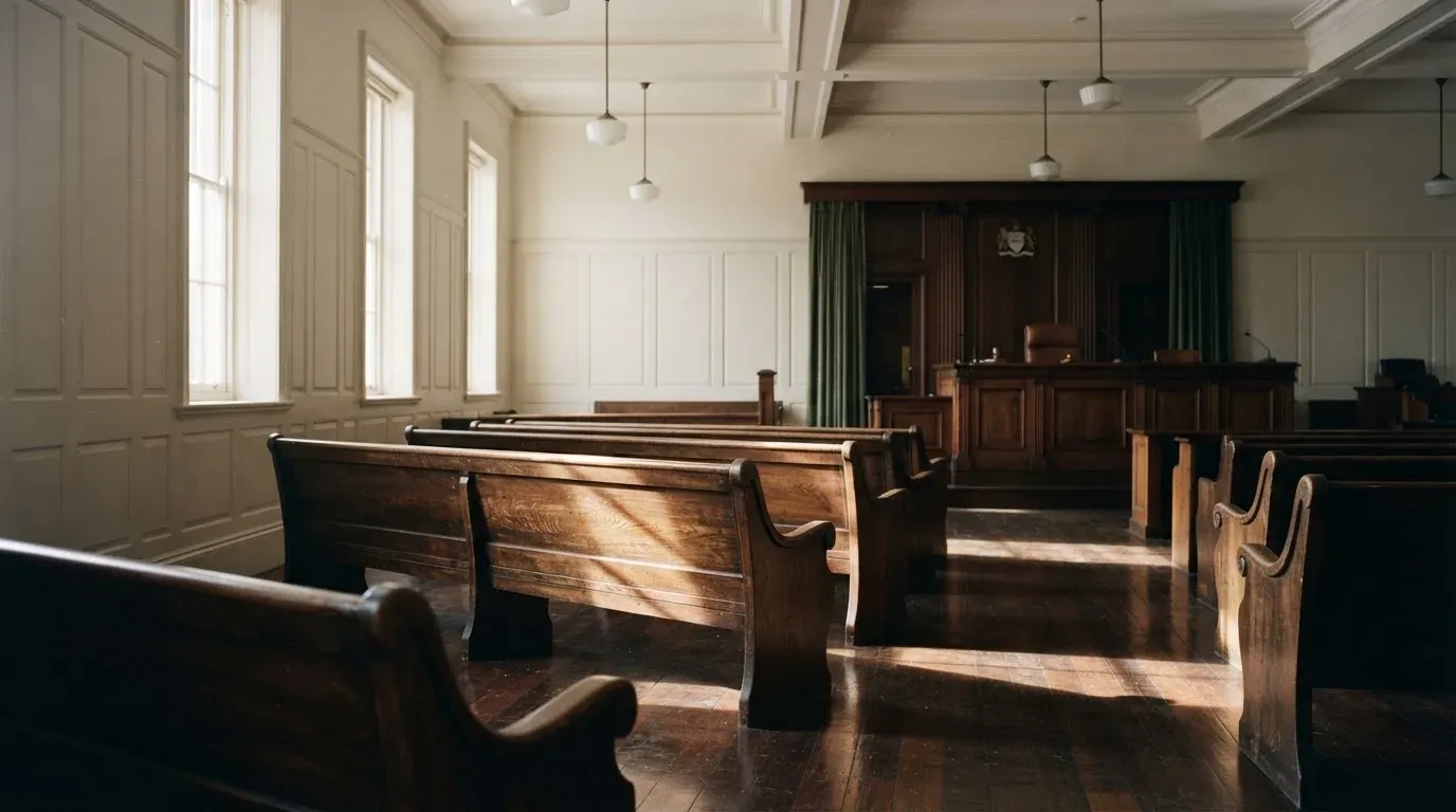 An empty courtroom with wooden benches in morning light