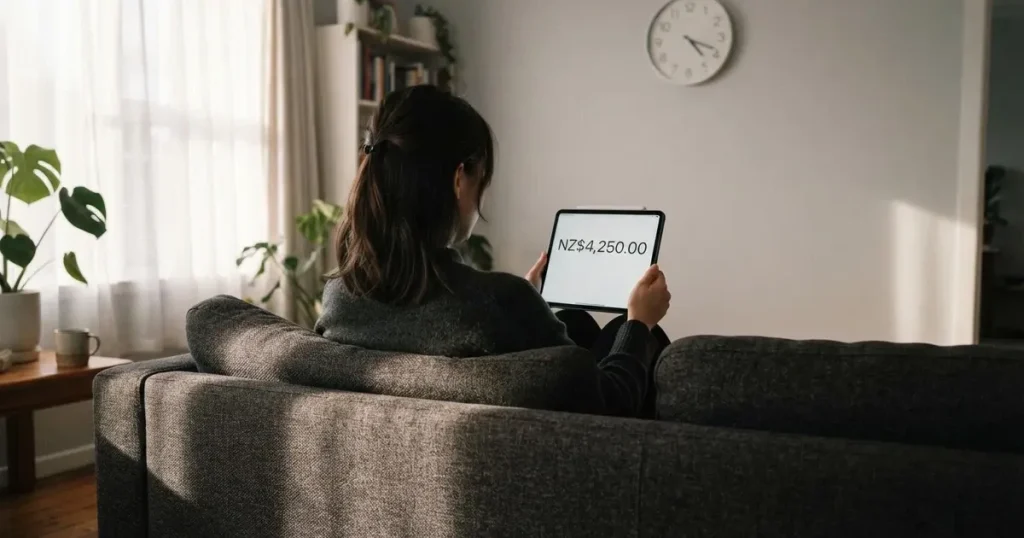 A person on a sofa looking thoughtfully at a tablet, a wall clock in the background