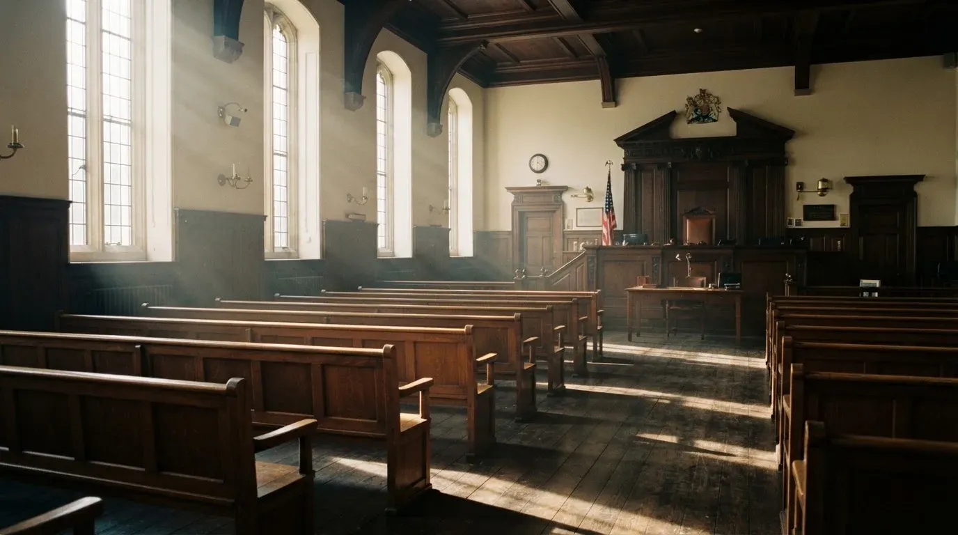 An empty courtroom with wooden benches in morning light