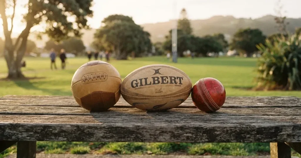 Three balls of different kinds side by side on a wooden bench