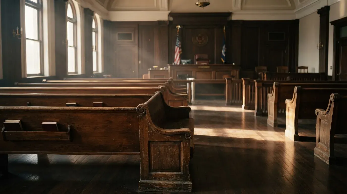 An empty courtroom with wooden benches in morning light