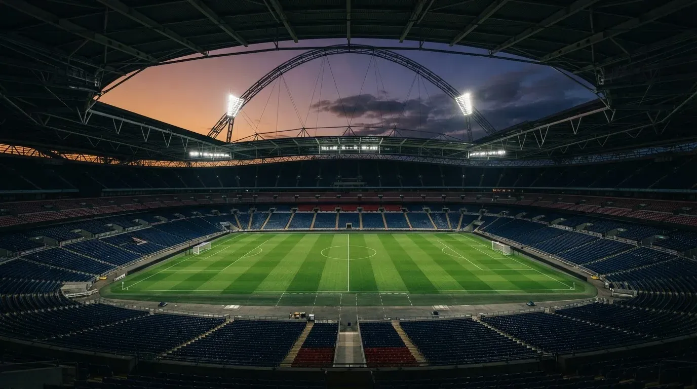 An empty football stadium with floodlight masts at dusk