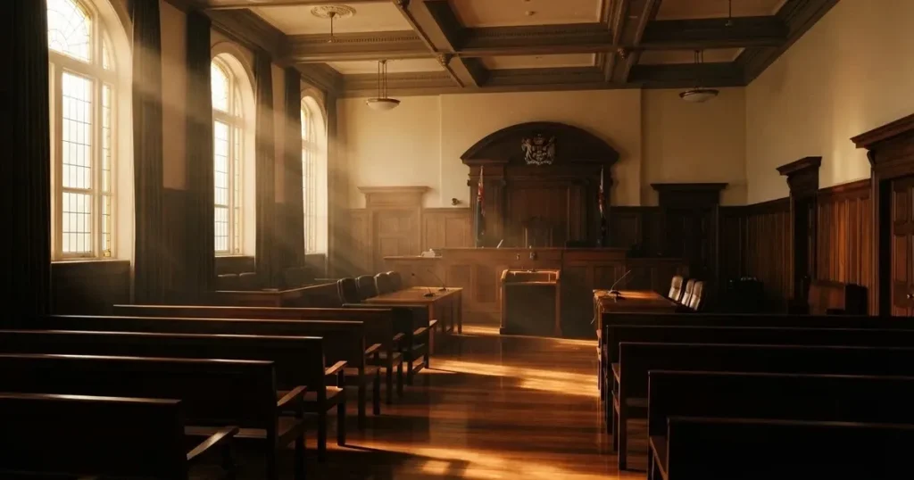 An empty courtroom with wooden benches in morning light