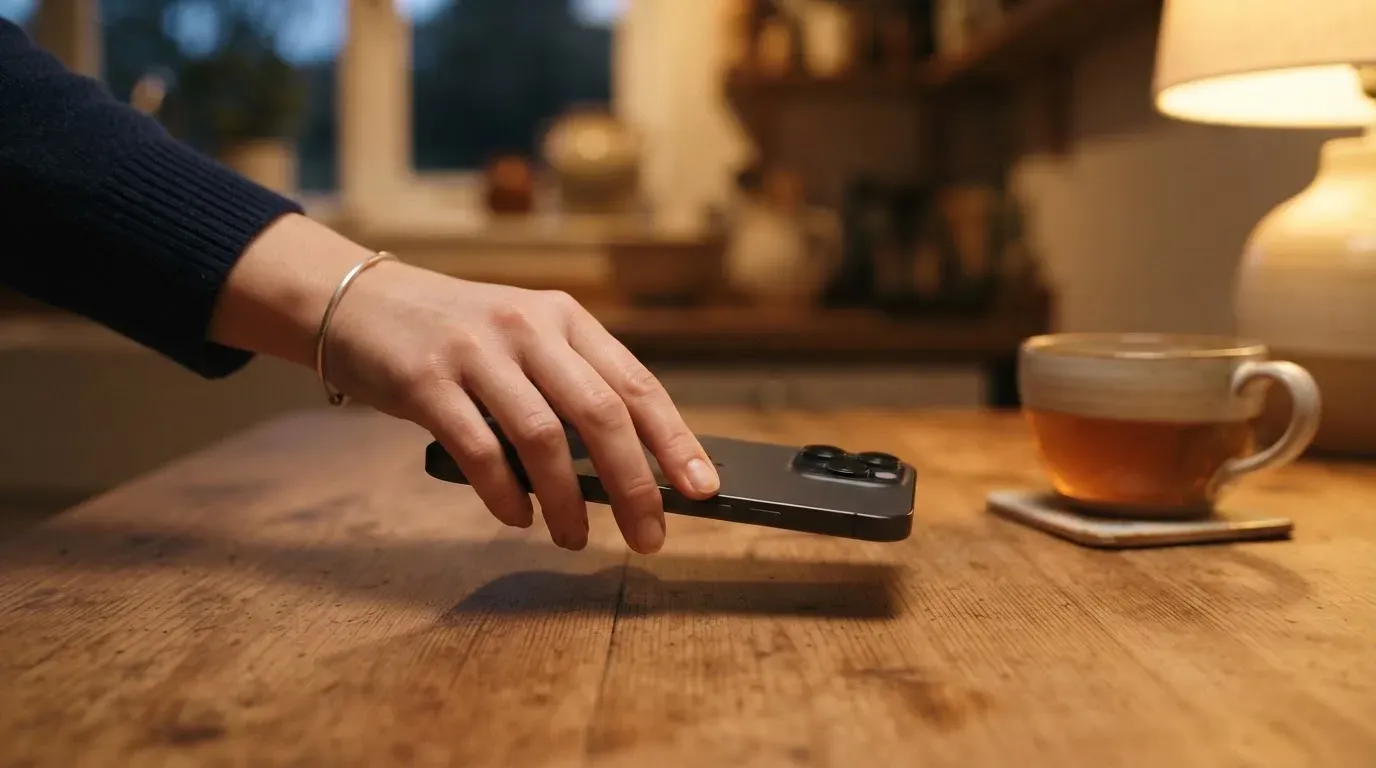 A hand setting a smartphone down beside a cup of tea on a kitchen table on a quiet evening