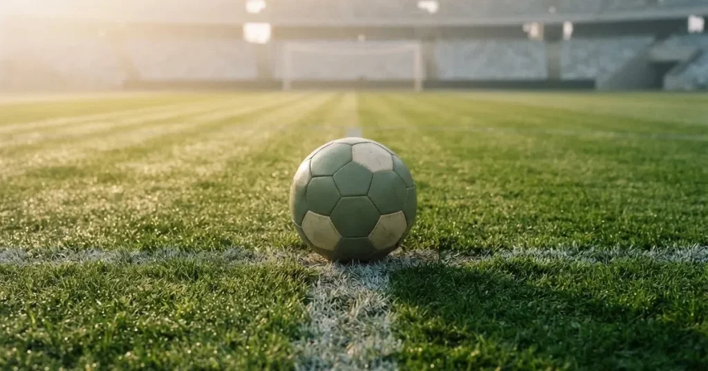 A ball on the centre spot of a grass pitch in morning light