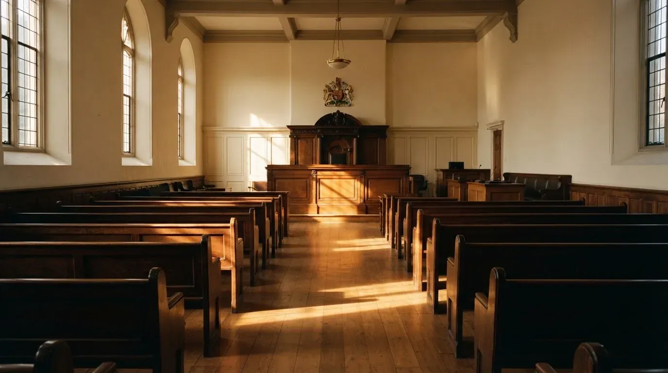 An empty courtroom with wooden benches in morning light