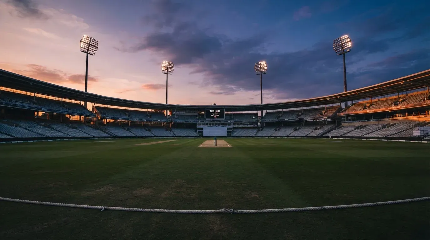 An empty football stadium with floodlight masts at dusk