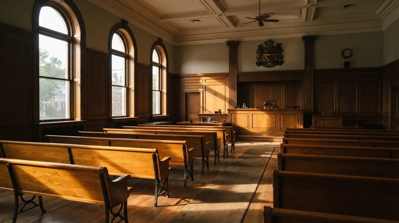 An empty courtroom with wooden benches in morning light