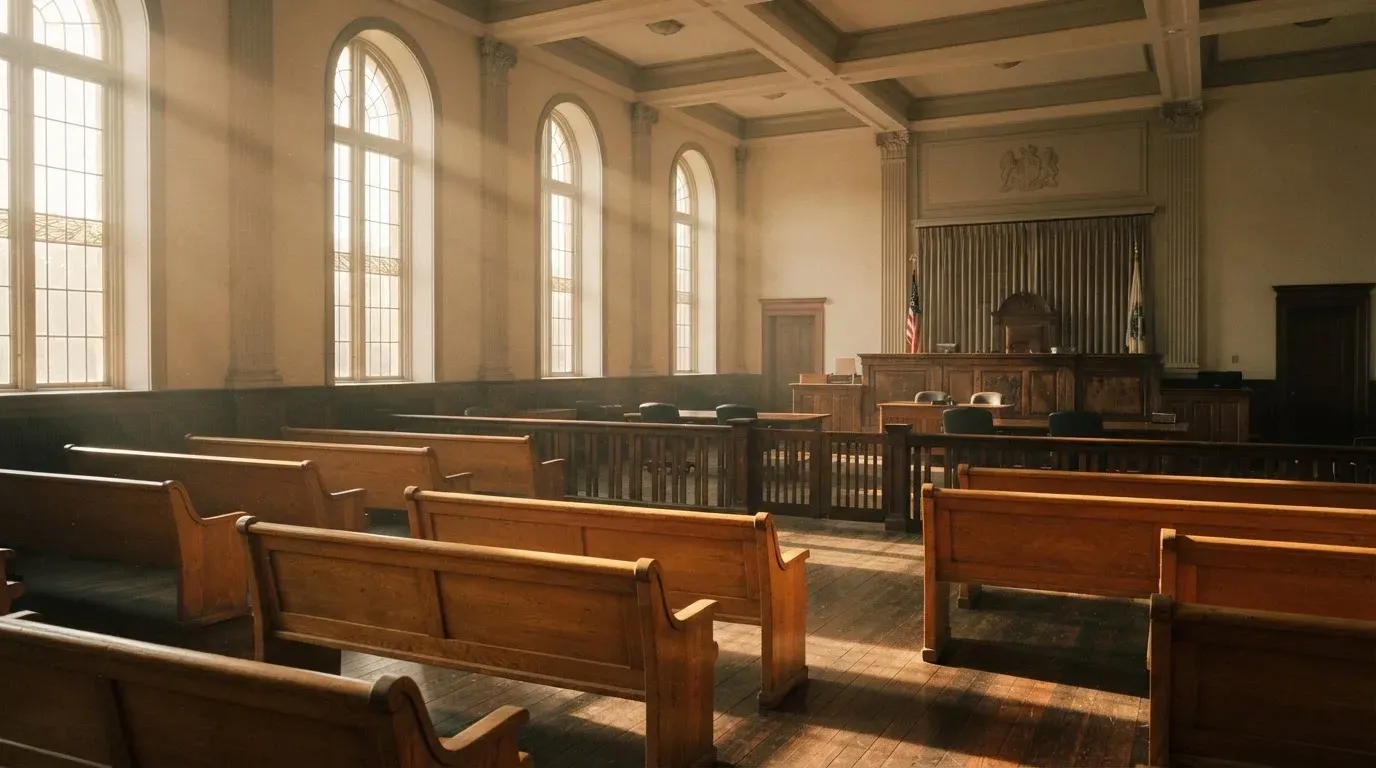 An empty courtroom with wooden benches in morning light