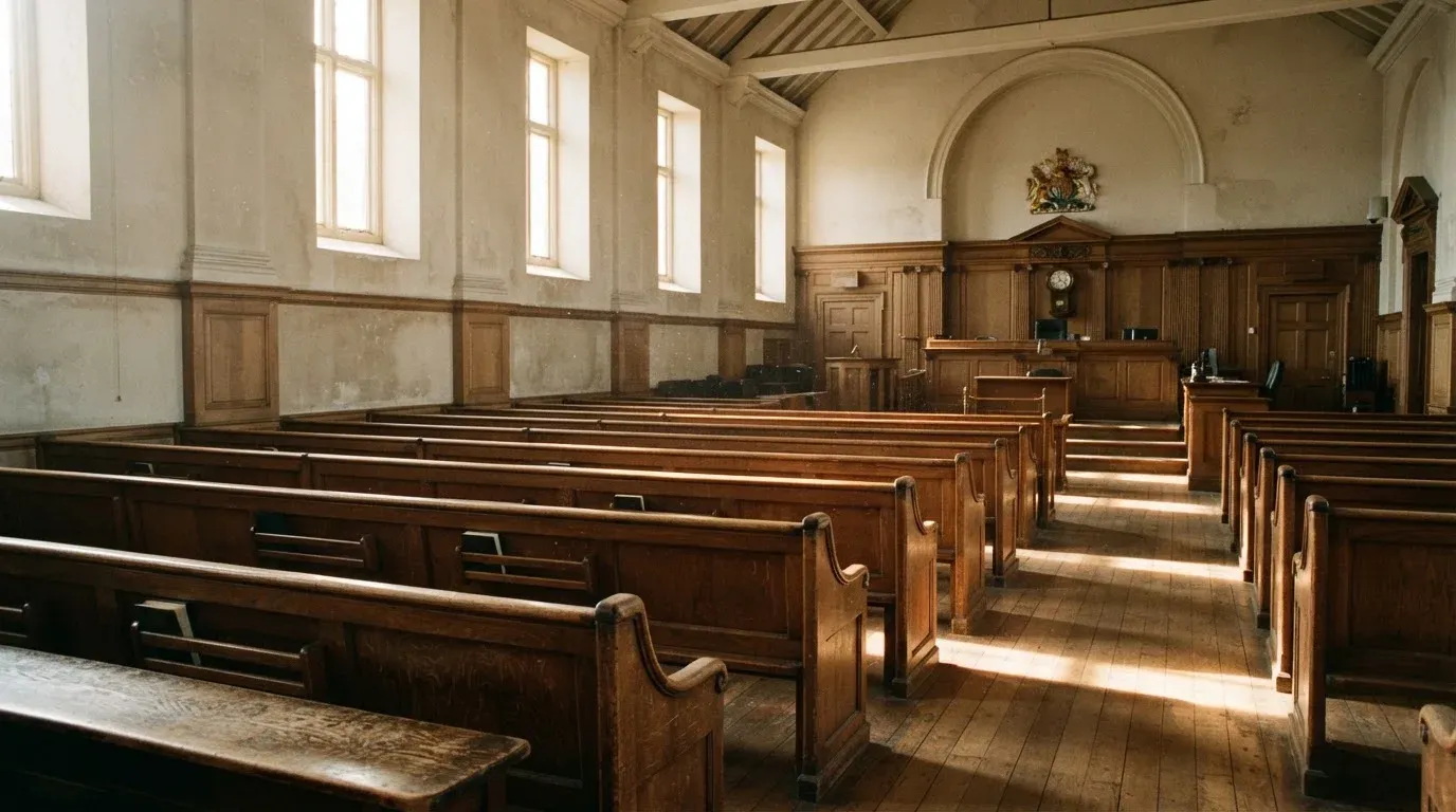 An empty courtroom with wooden benches in morning light