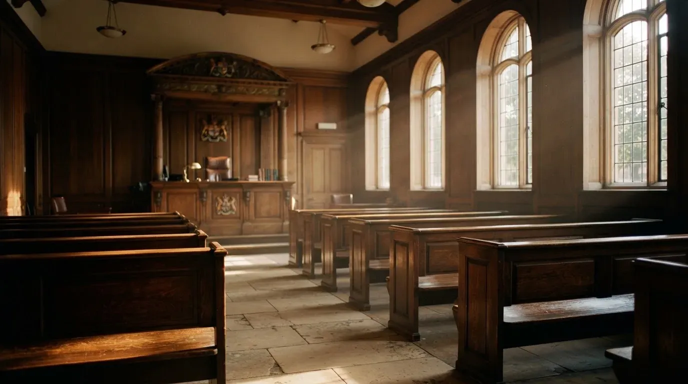 An empty courtroom with wooden benches in morning light