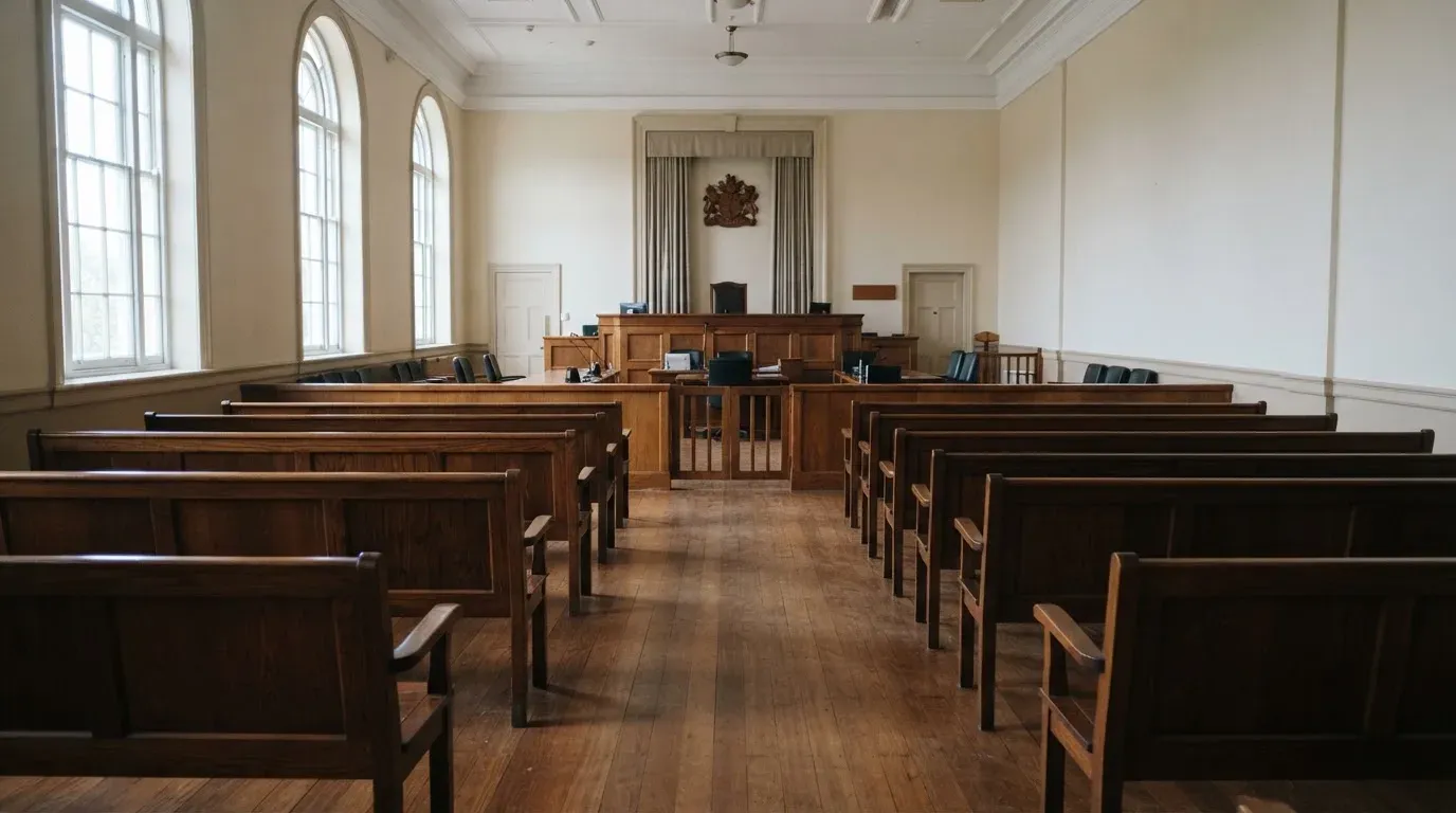 An empty courtroom with wooden benches in morning light
