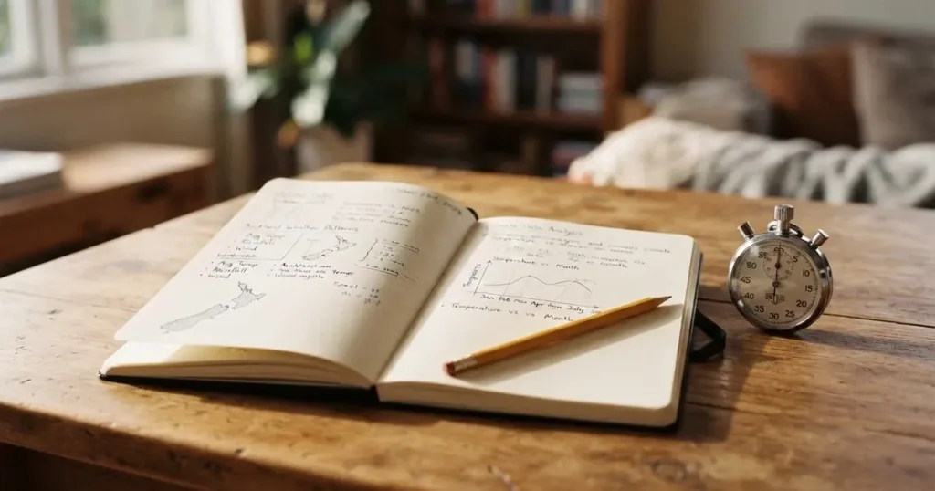 An open notebook with a pencil and a stopwatch on a wooden table