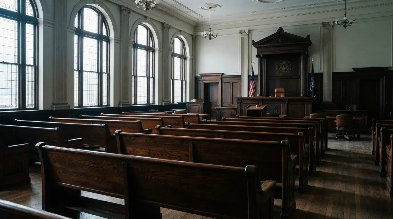 An empty courtroom with wooden benches in morning light