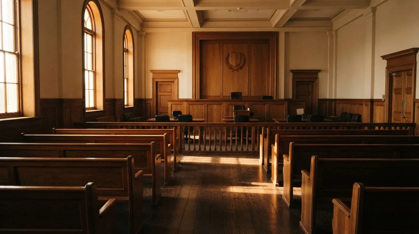 An empty courtroom with wooden benches in morning light