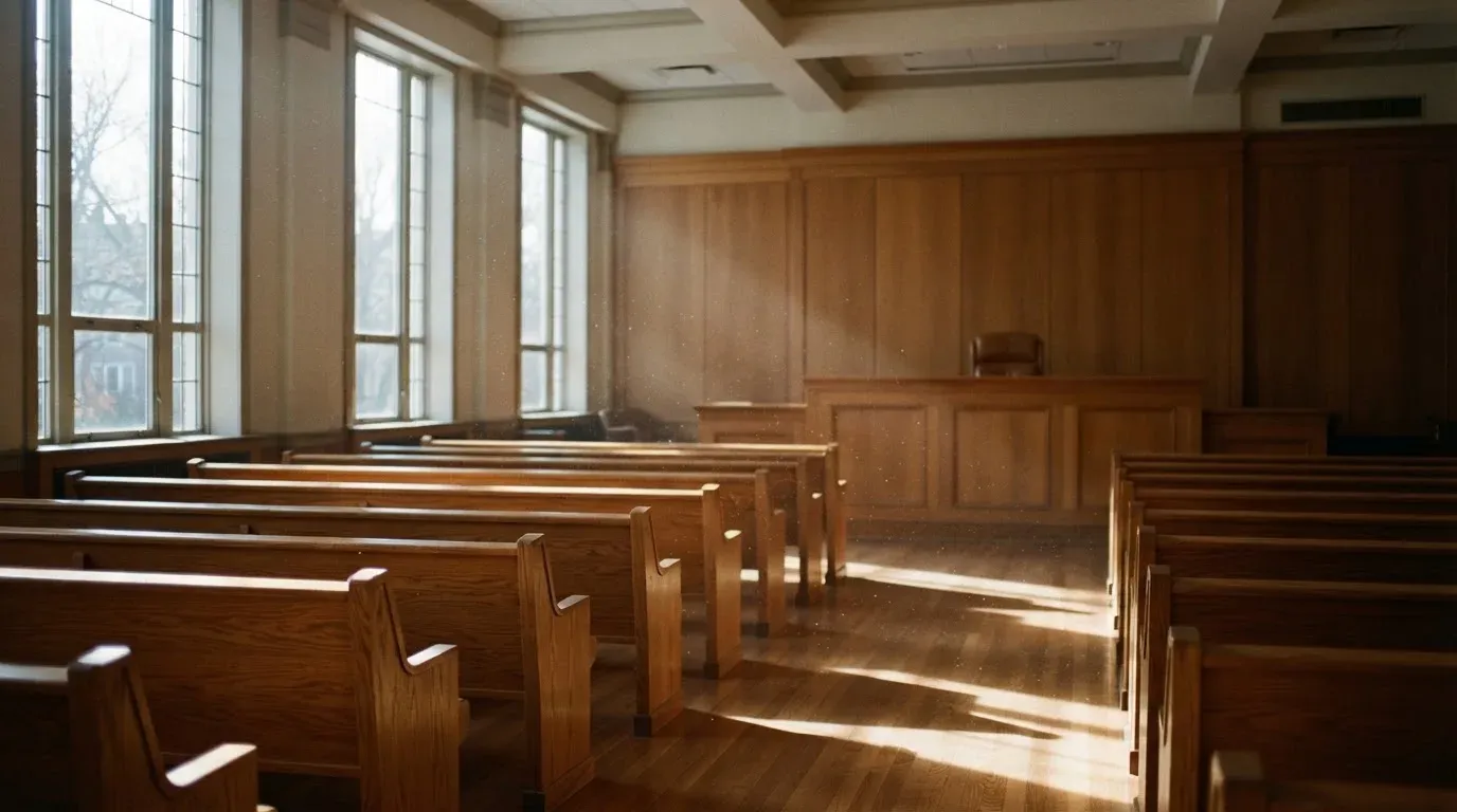 An empty courtroom with wooden benches in morning light