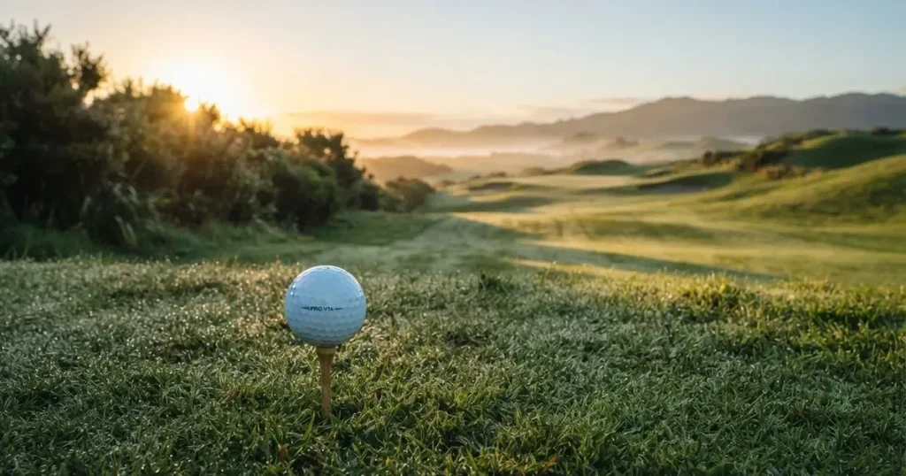 A ball on the centre spot of a grass pitch in morning light