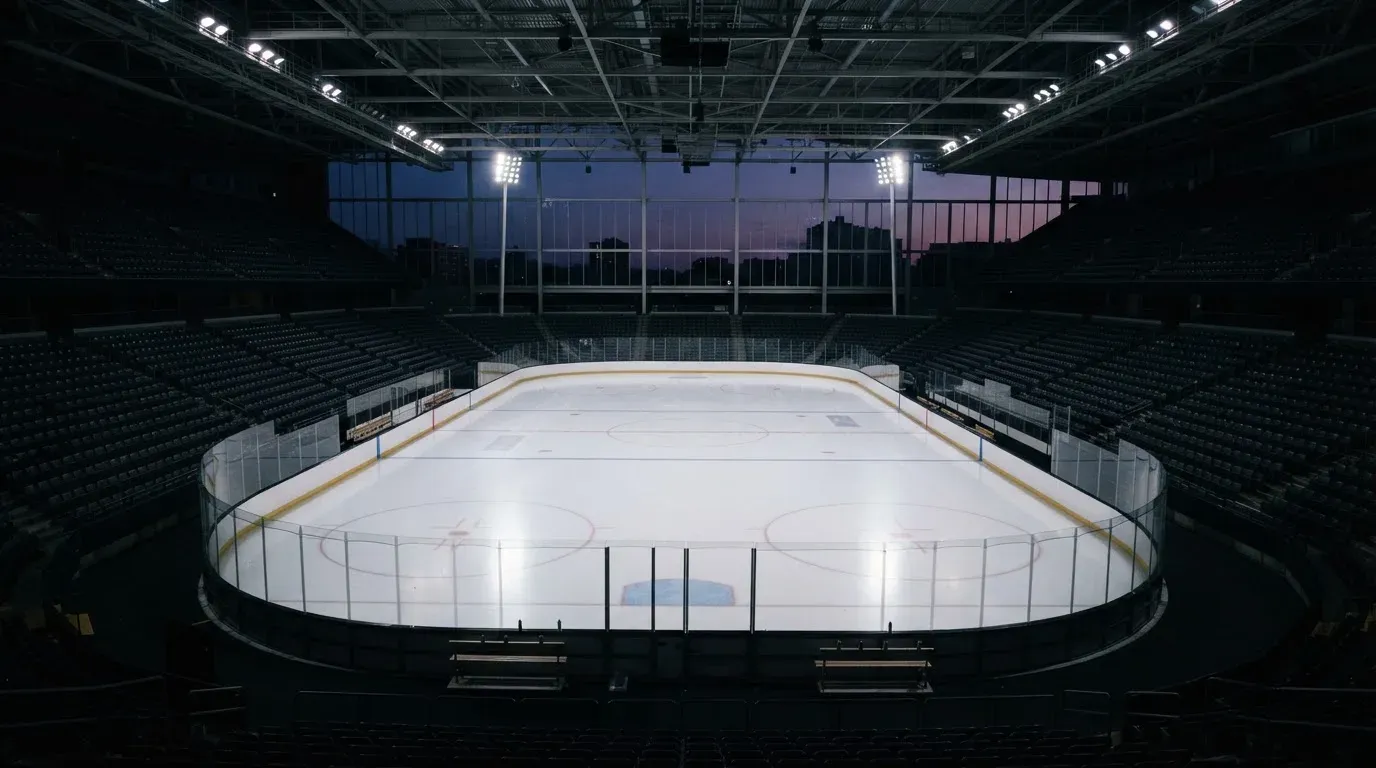 An empty football stadium with floodlight masts at dusk