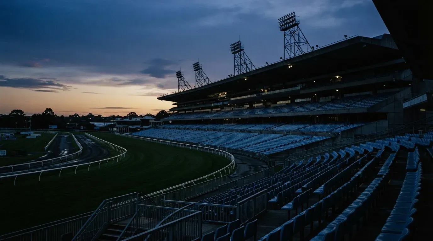 An empty football stadium with floodlight masts at dusk
