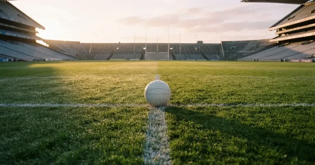 A ball on the centre spot of a grass pitch in morning light