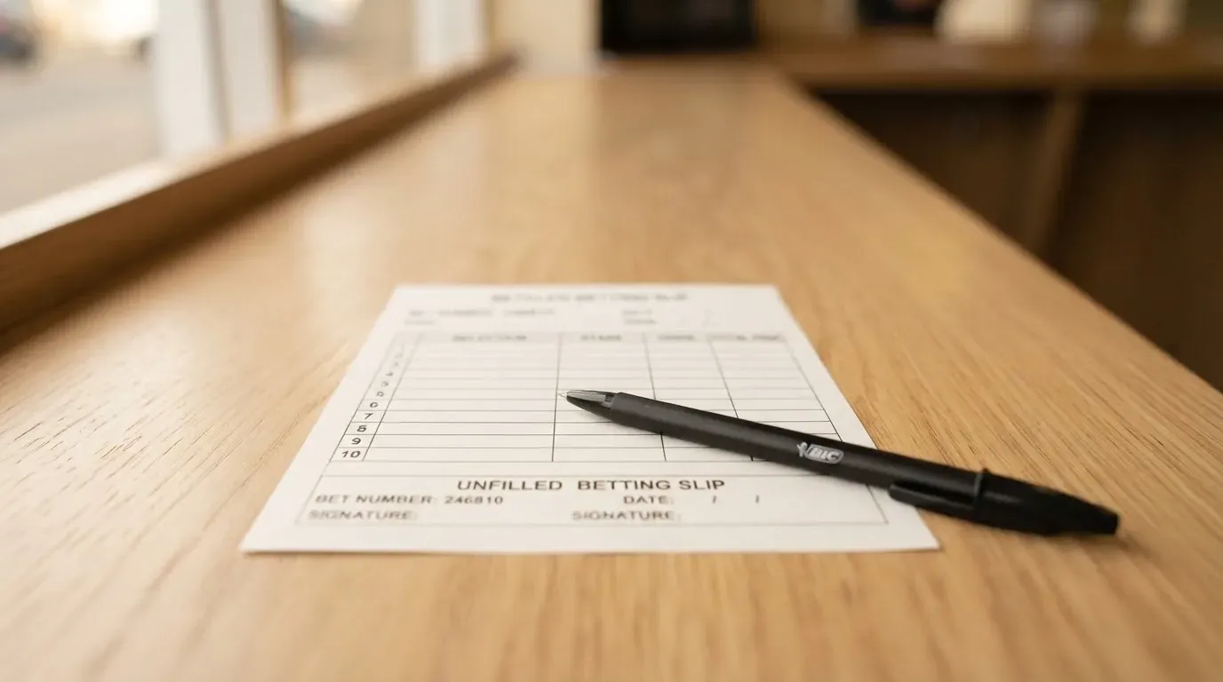 A blank paper betting slip beside a pen on a wooden counter