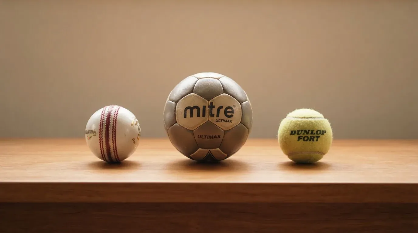 Three balls of different kinds side by side on a wooden bench