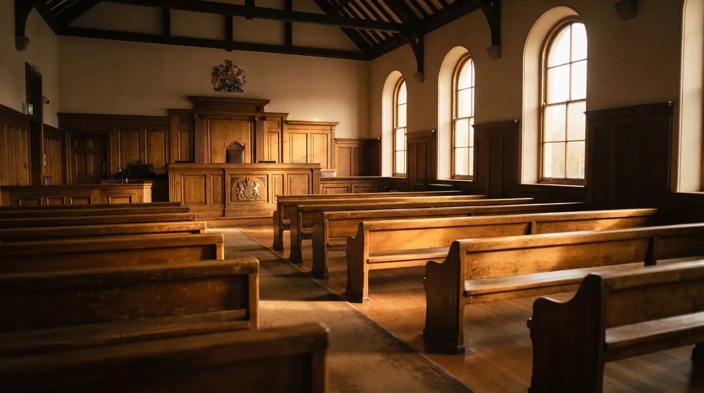 An empty courtroom with wooden benches in morning light