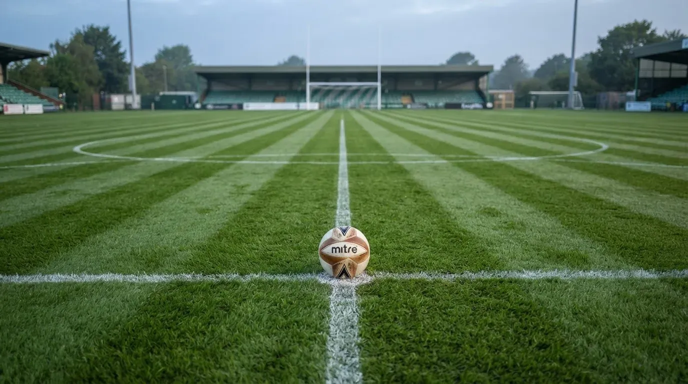 A ball on the centre spot of a grass pitch in morning light