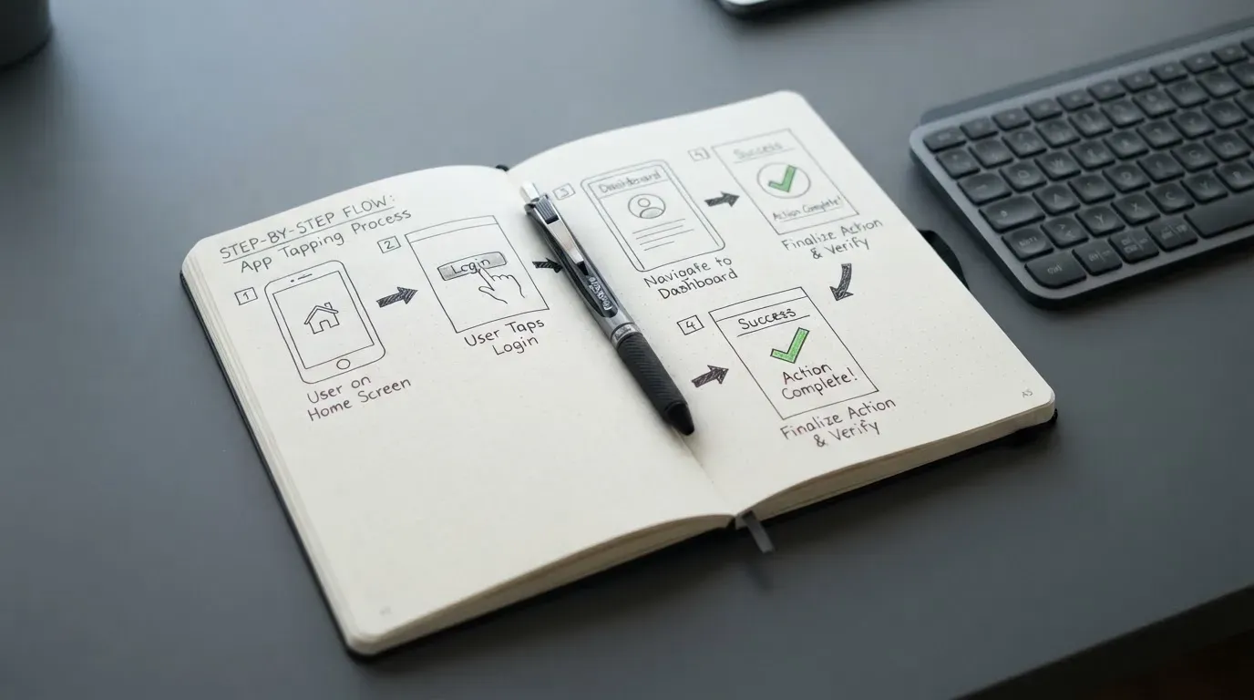 A notebook with a hand-drawn step-by-step sketch beside a keyboard
